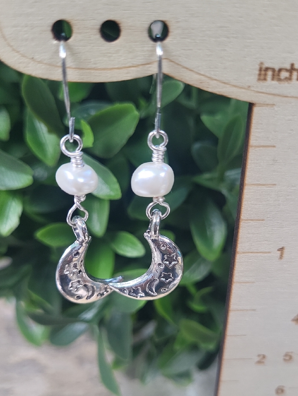 Silver Crescent Moon and Pearl Dangle Earrings - Women Jewelry